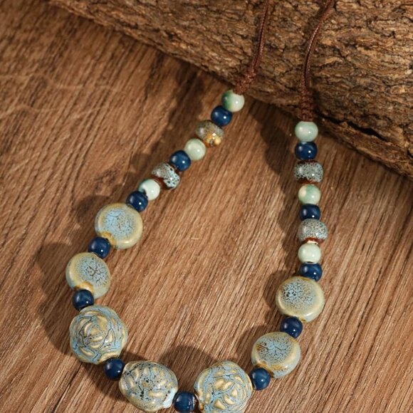 Boho Hippie Round Ceramic Beads Strand Necklace, Vintage Bohemian Summer Beach J - Picture 3 of 7